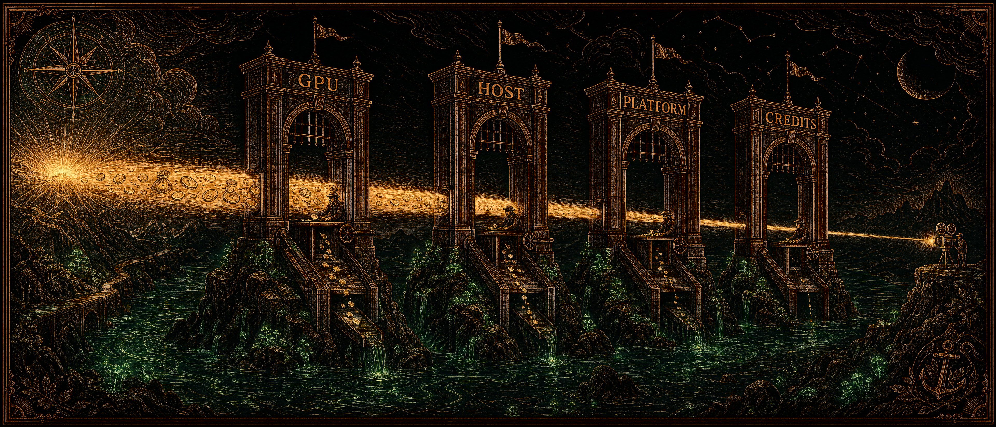 A beam of light passing through toll gates labeled GPU, Host, Platform, Credits — each gate taking a cut