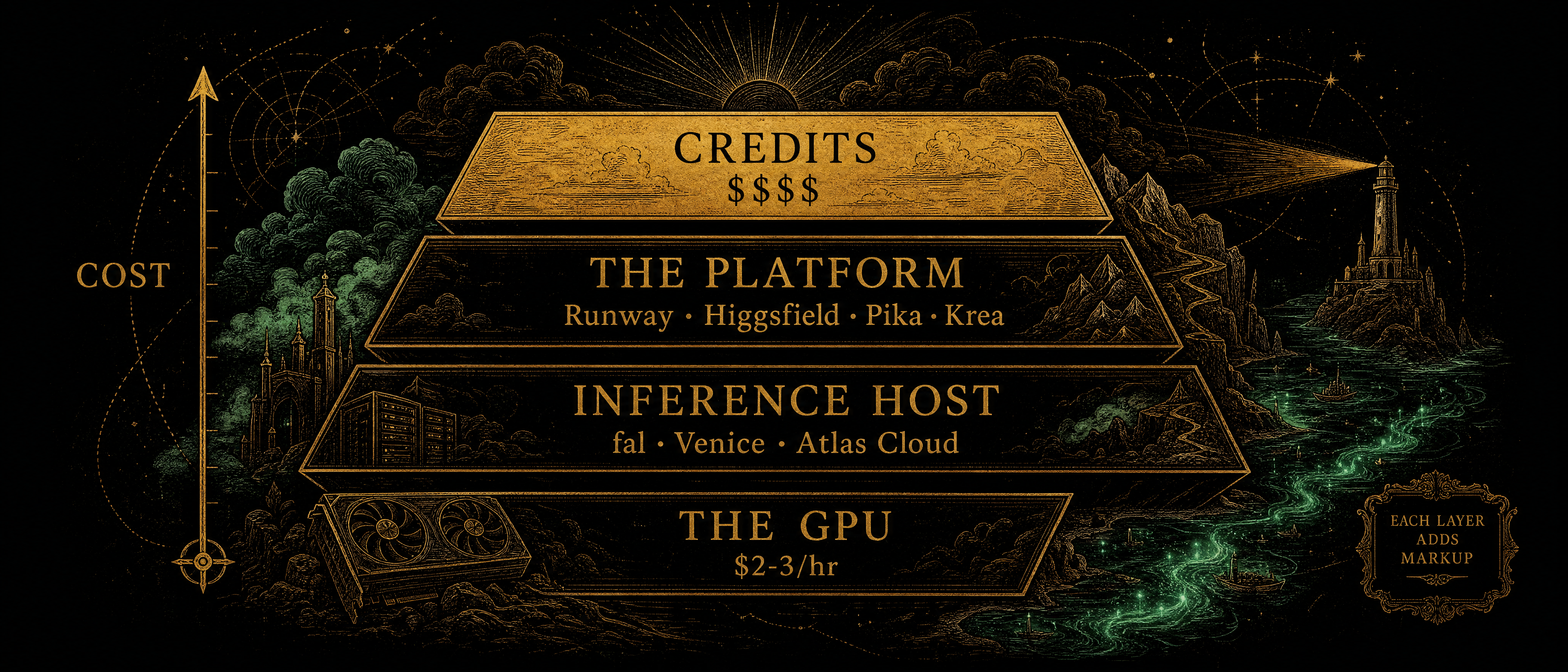 The four layers of AI video generation pricing — from GPU compute at the bottom to credit systems at the top