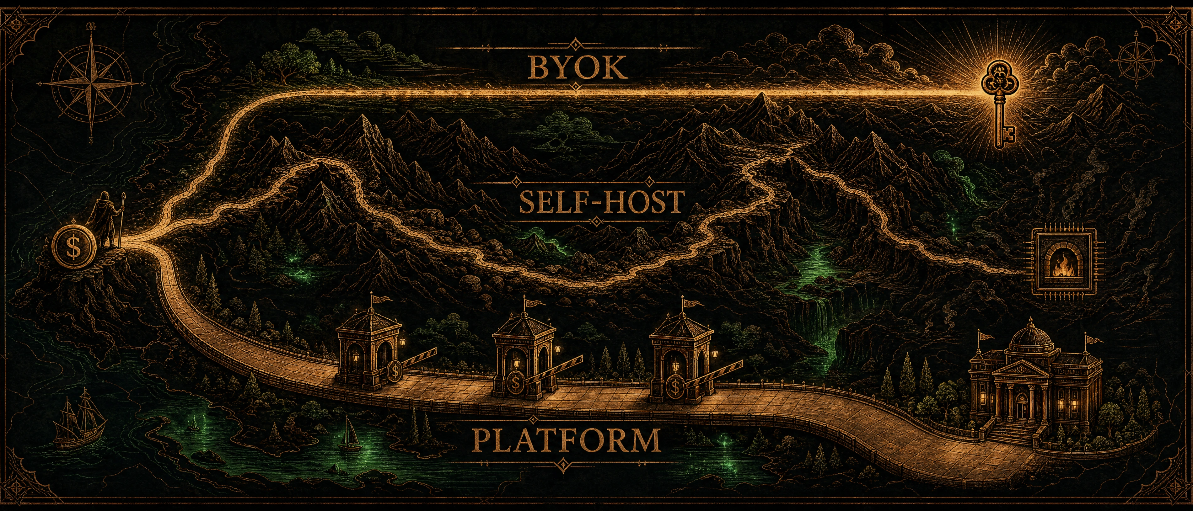 Three paths diverging — BYOK (direct), Self-Host (winding but cheap), Platform (smooth but toll-gated)